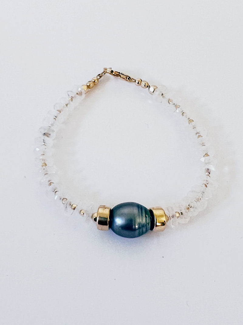 Rainbow Moonstone and Black Tahitian Pearl Bracelet