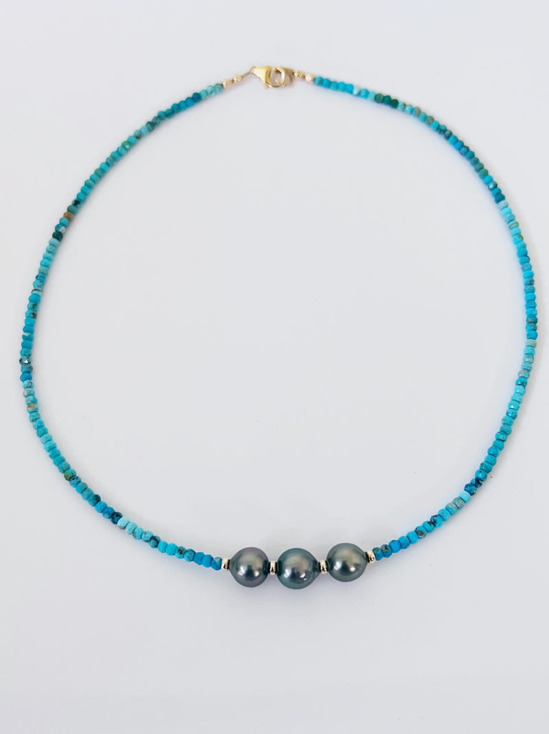 Turquoise and Triple Black Tahitian Pearl Necklace