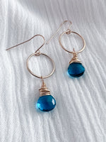 Dainty Hoop Earrings - Peacock Blue Quartz