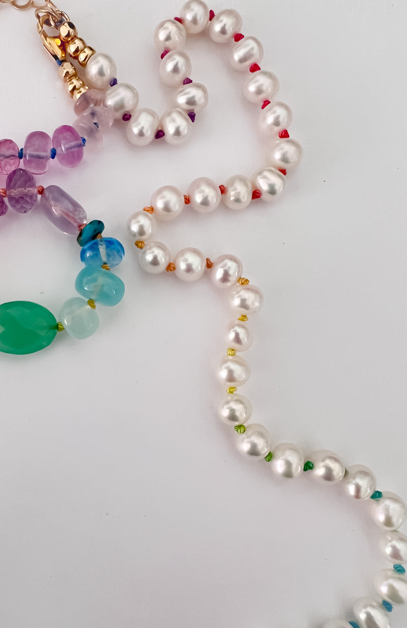 BACK ORDERED Bright Rainbow and Pearl Necklace 36”