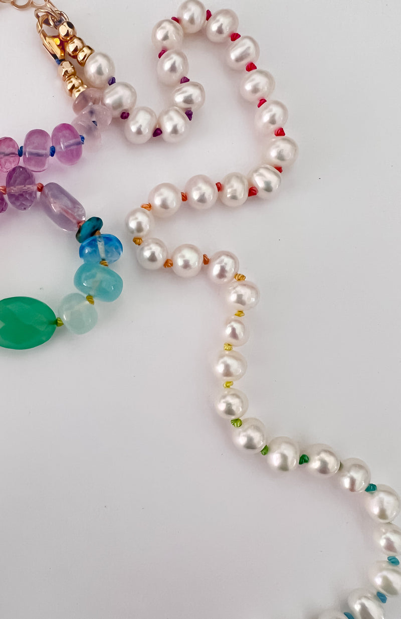 Neon Rainbow and Pearl Necklace 36”